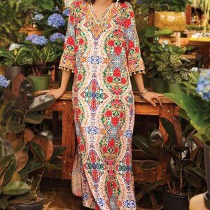 Soft Surroundings Ipanema Kaftan Dress L Embroidered Challis Maxi Dress Beaded